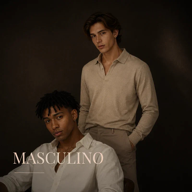 Moda masculina elegante con camisas y polos en tonos neutros, estilo sofisticado y moderno