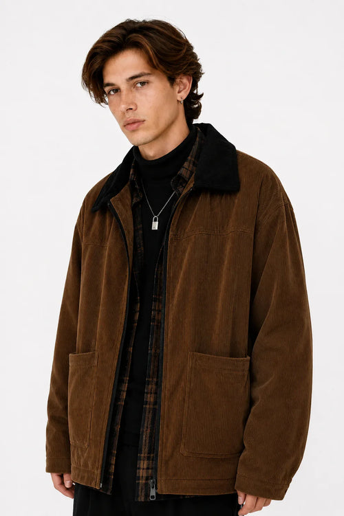 Chaqueta de pana marrón para hombre con cuello negro, estilo casual elegante