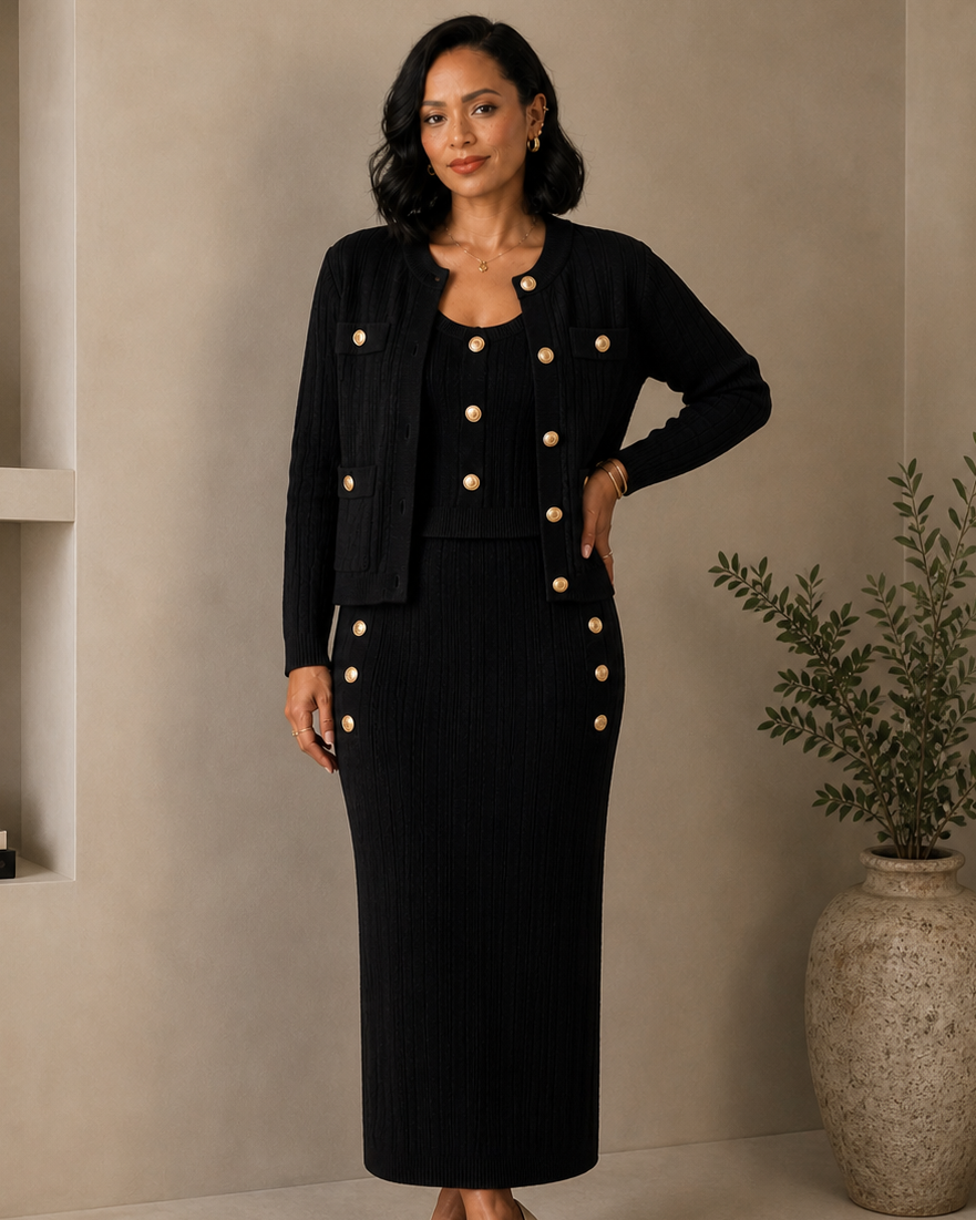Conjunto Knit de Tres Piezas — Cárdigan Corto, Top y Falda Larga