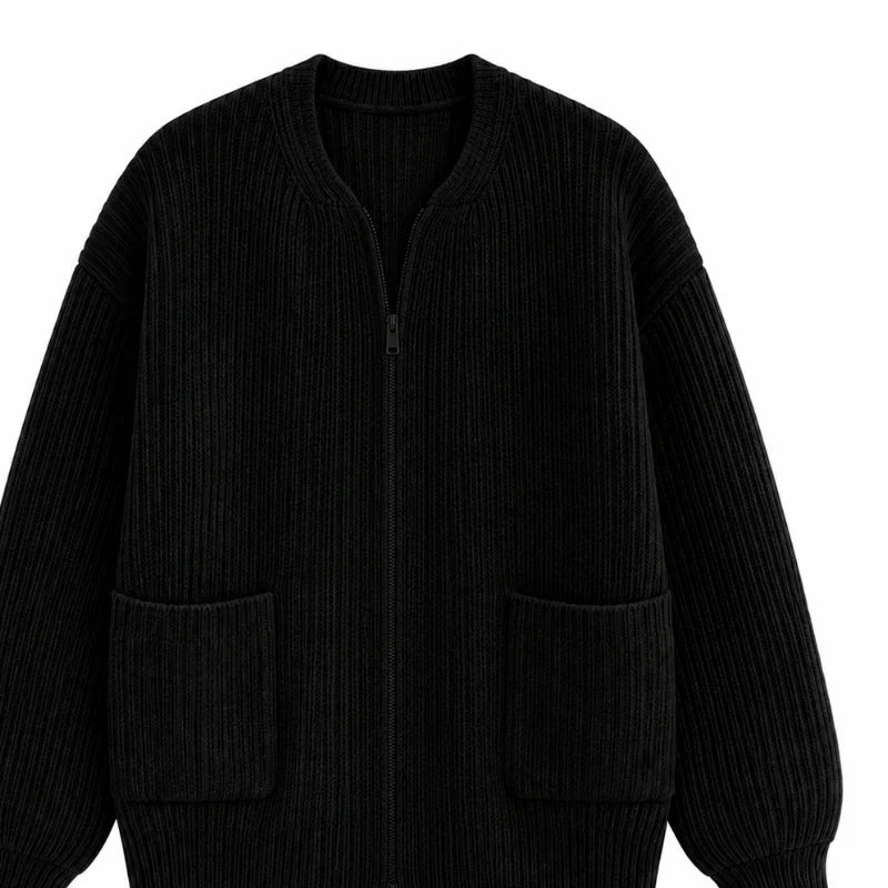 Chaqueta negra de punto con cremallera y bolsillos, estilo moderno y elegante para hombre o mujer