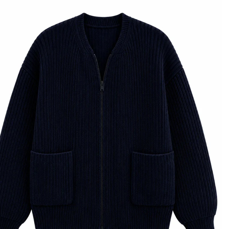 Chaqueta de punto azul marino con cremallera y bolsillos, estilo moderno y elegante para hombre o mujer