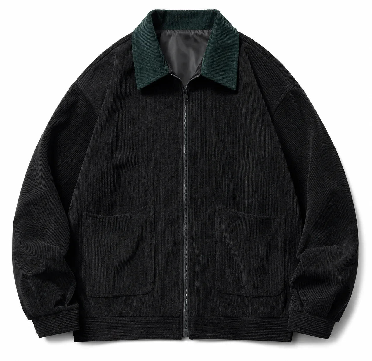 Chaqueta de pana negra con cuello verde oscuro, estilo moderno y elegante para hombre