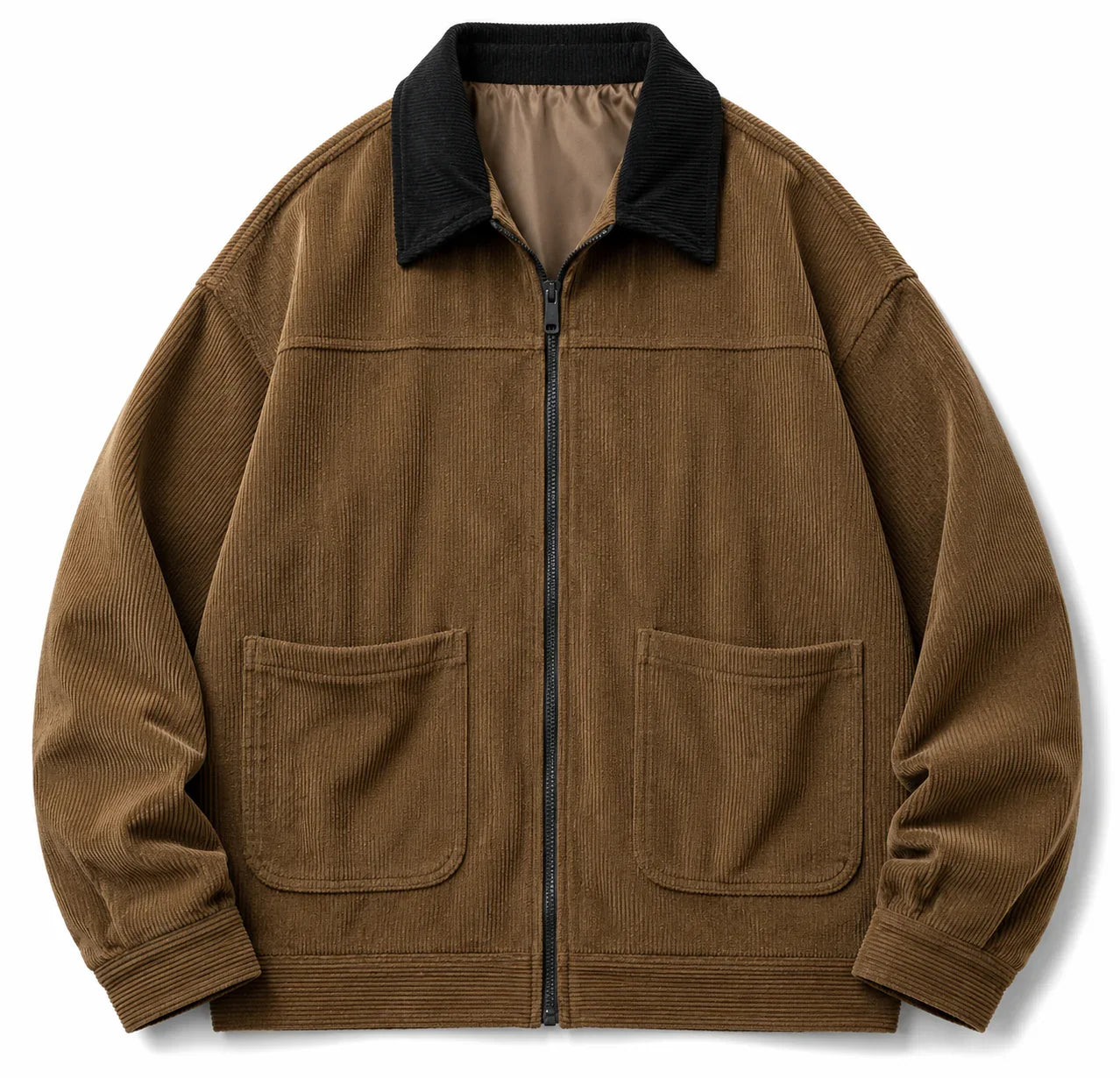 Chaqueta de pana marrón con cuello negro, cierre frontal y bolsillos, estilo moderno y elegante para hombre