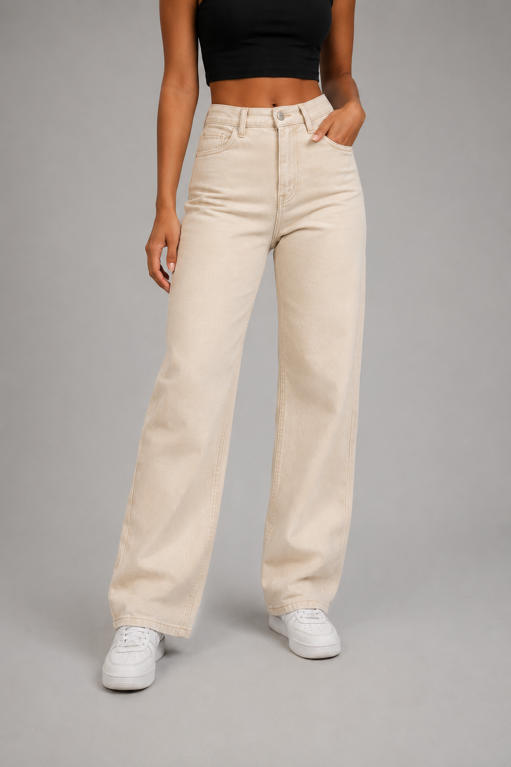 Jeans Beige Apricot de Cintura Alta – Corte Recto Slim