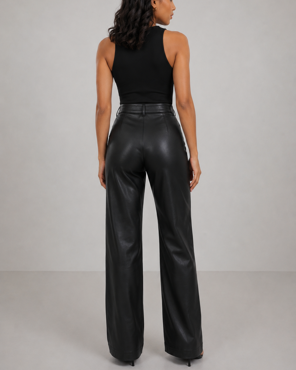 Pantalón Recto de Cuero Sintético – Cintura Alta Negro