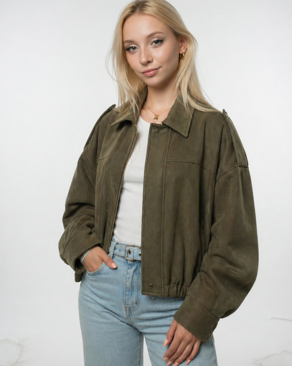 Bomber Vintage Oversize | Textura Suave y Cremallera Dorada