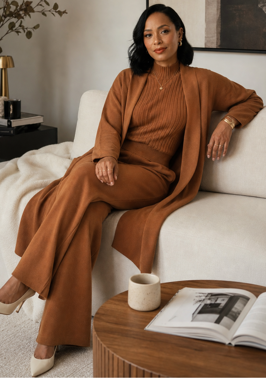 Conjunto de Punto de Tres Piezas — Cárdigan Largo, Top y Pantalón Wide Leg