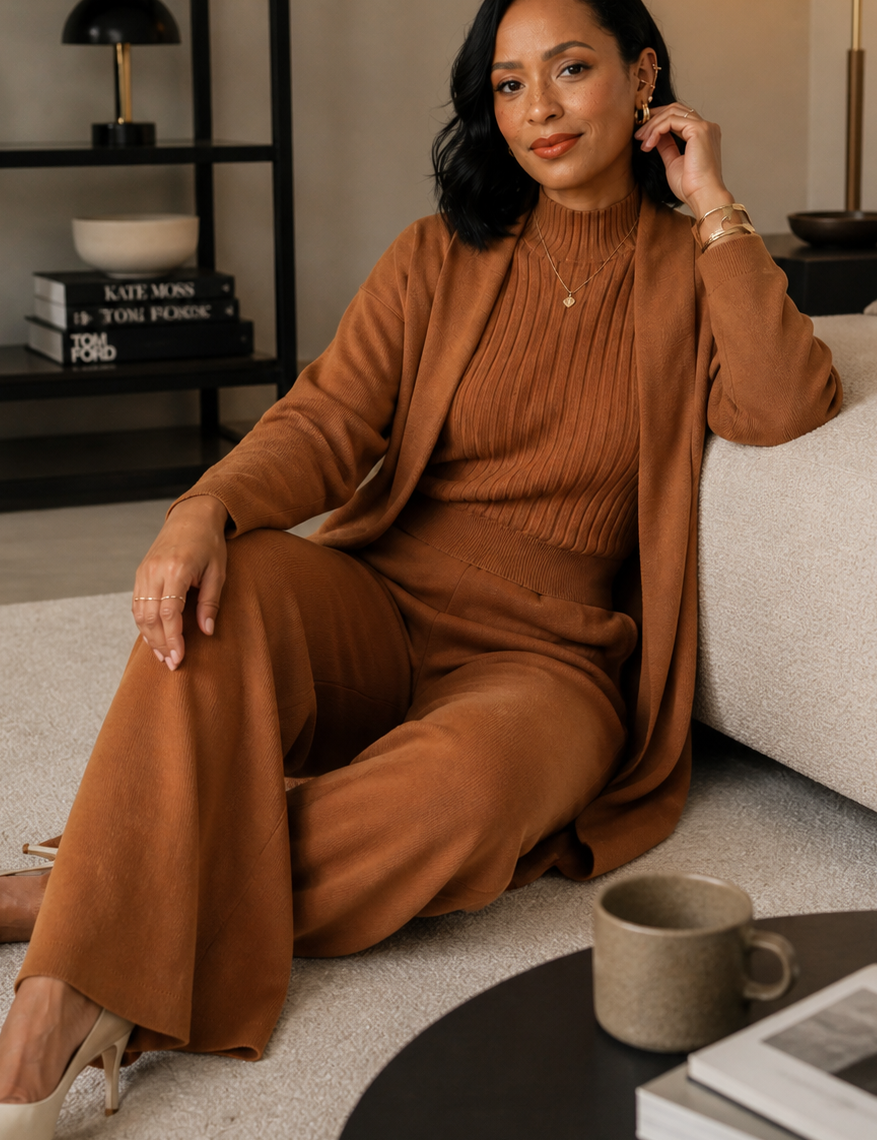Conjunto de Punto de Tres Piezas — Cárdigan Largo, Top y Pantalón Wide Leg