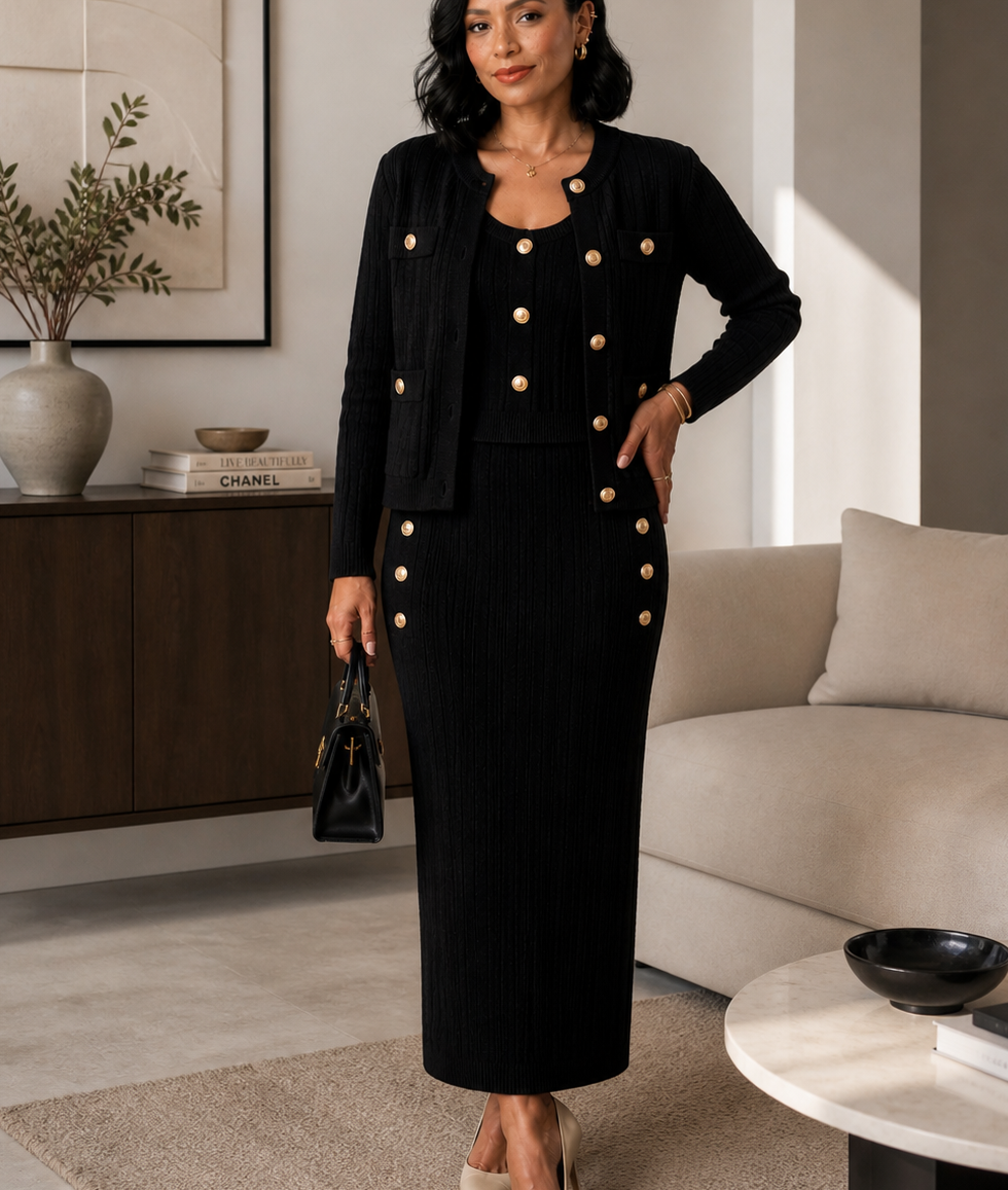 Conjunto Knit de Tres Piezas — Cárdigan Corto, Top y Falda Larga