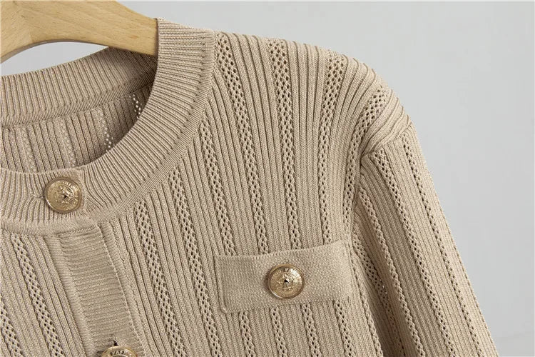 Conjunto Knit de Tres Piezas — Cárdigan Corto, Top y Falda Larga
