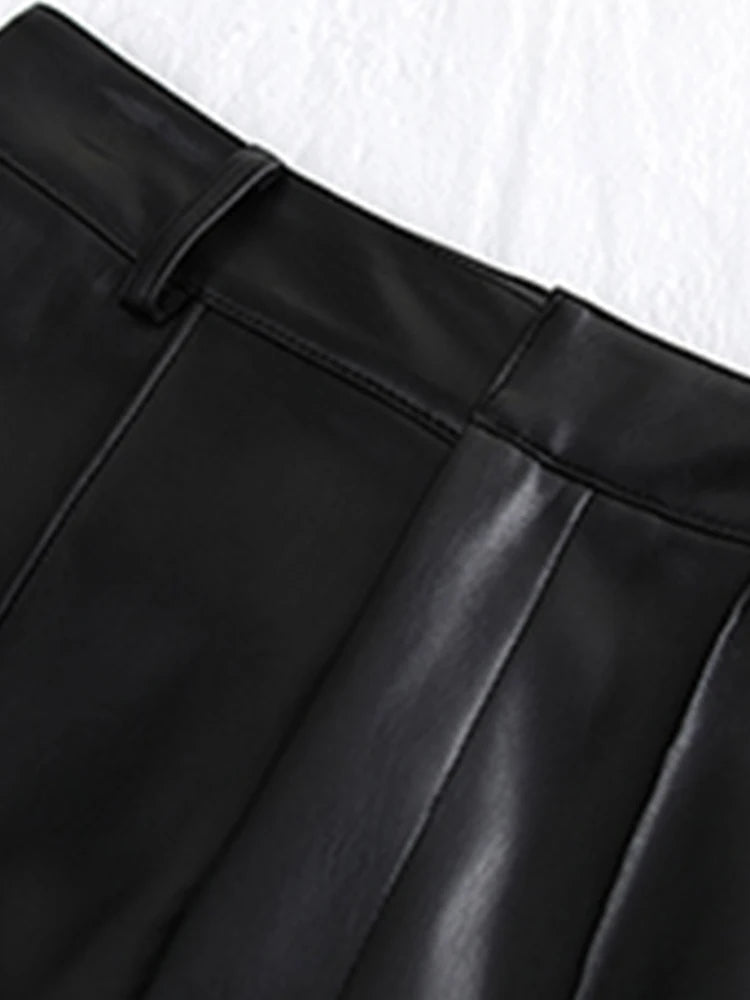 Pantalón Recto de Cuero Sintético – Cintura Alta Negro
