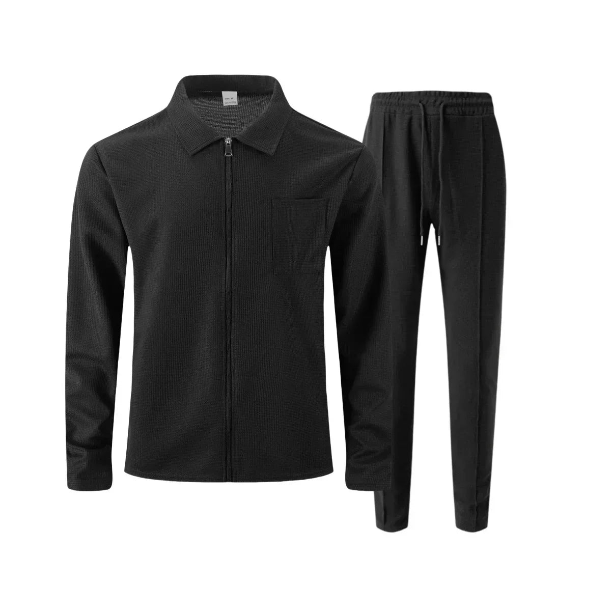 Conjunto de pijama hombre negro con camisa de cuello y cremallera, pantalón con cordón, tejido acanalado