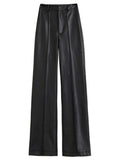 Pantalón Recto de Cuero Sintético – Cintura Alta Negro