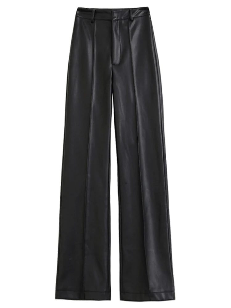 Pantalón Recto de Cuero Sintético – Cintura Alta Negro
