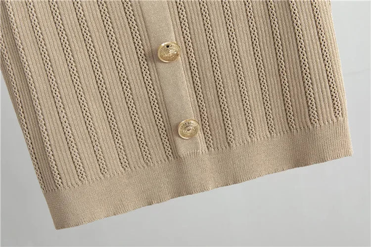Conjunto Knit de Tres Piezas — Cárdigan Corto, Top y Falda Larga