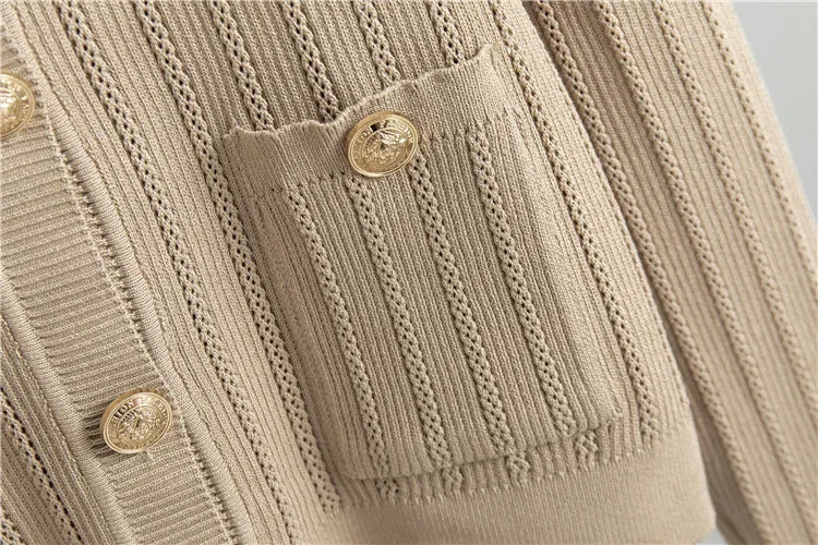 Conjunto Knit de Tres Piezas — Cárdigan Corto, Top y Falda Larga