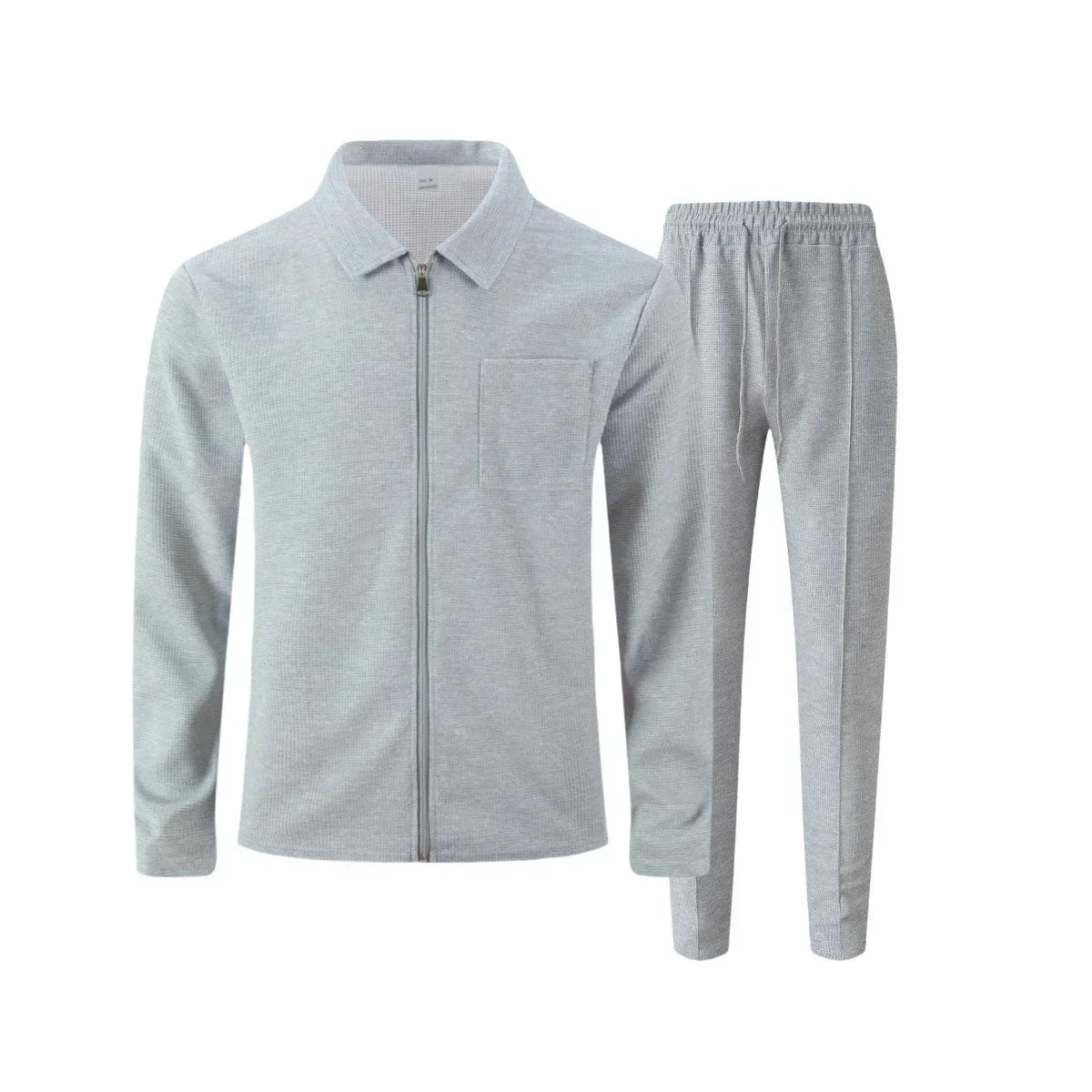Pijama hombre gris con cuello y cremallera, pantalón elástico, tejido suave y cómodo para descanso