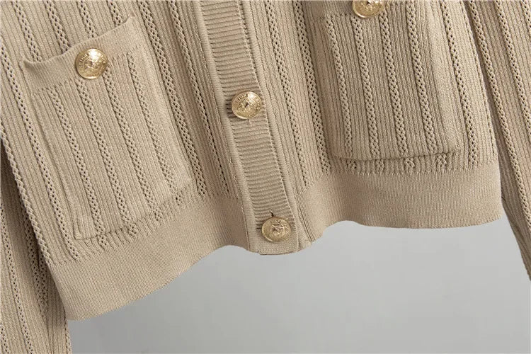 Conjunto Knit de Tres Piezas — Cárdigan Corto, Top y Falda Larga
